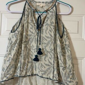 lovestitch Cream Cold-Shoulder Blouse with Navy Tassel Detail